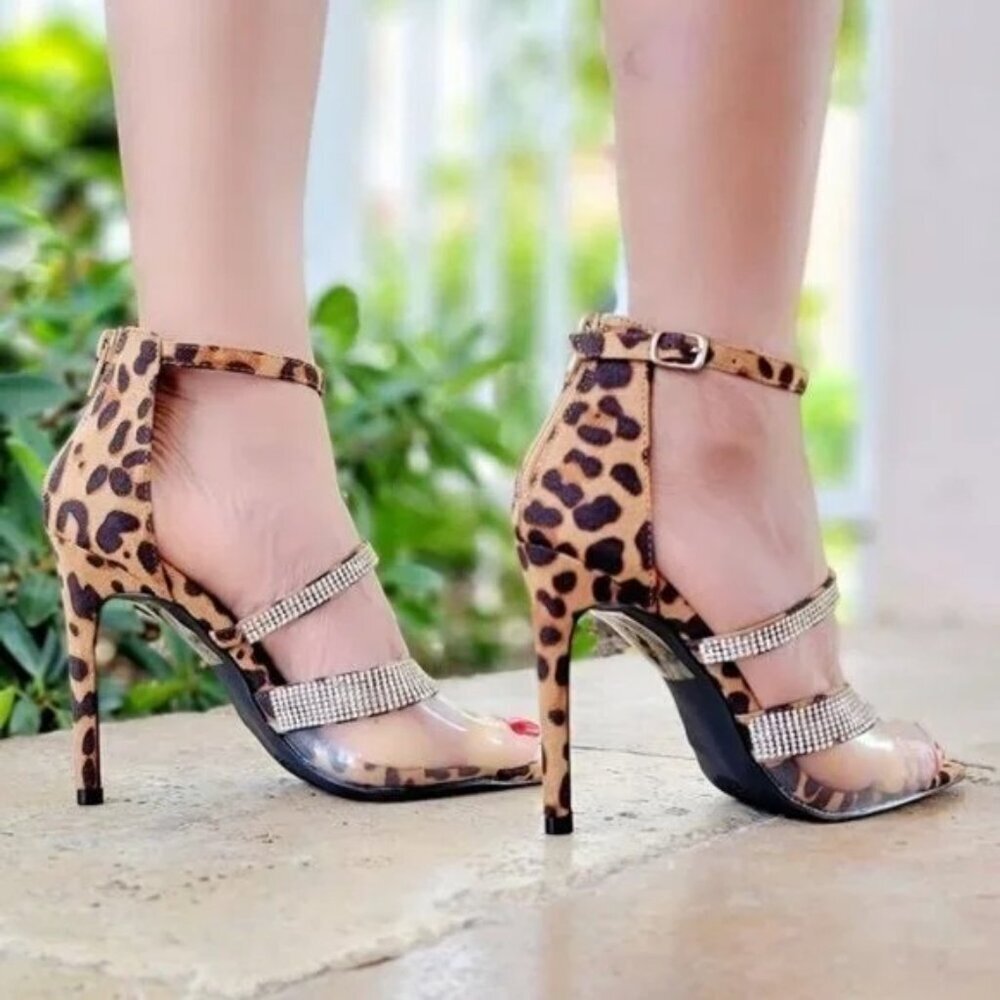 Women's Leopard Rhinestone Strappy Pointed High Heels - Picture 4 of 4